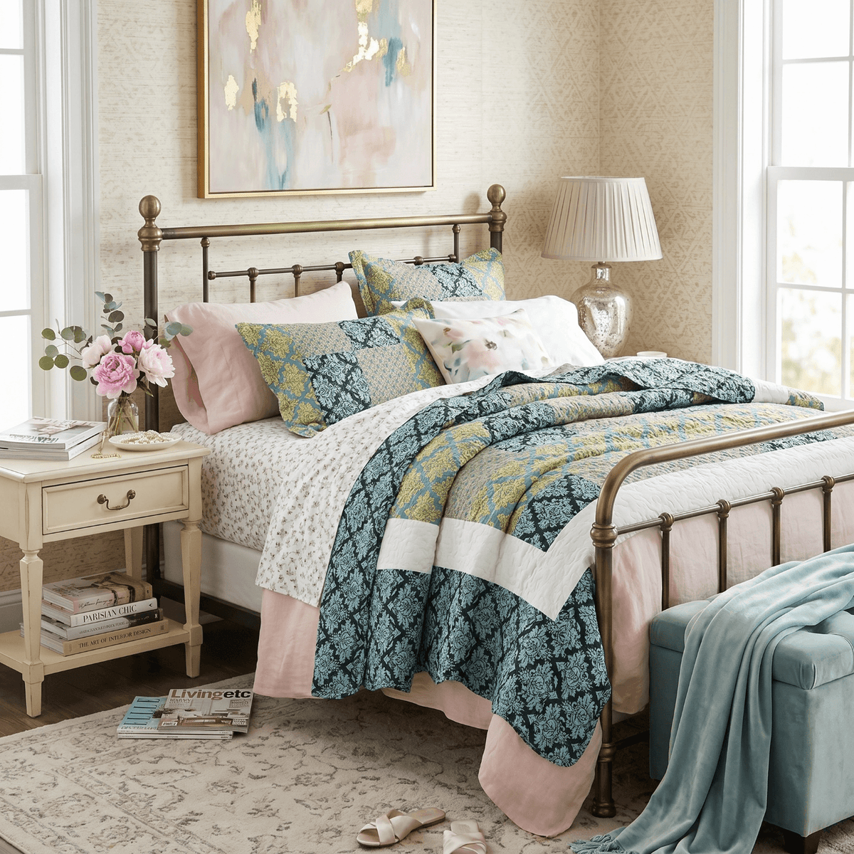 Tache Damask Ornate Baroque Teal Turquoise Blue Green Scalloped Quilt Set (SD-3300)