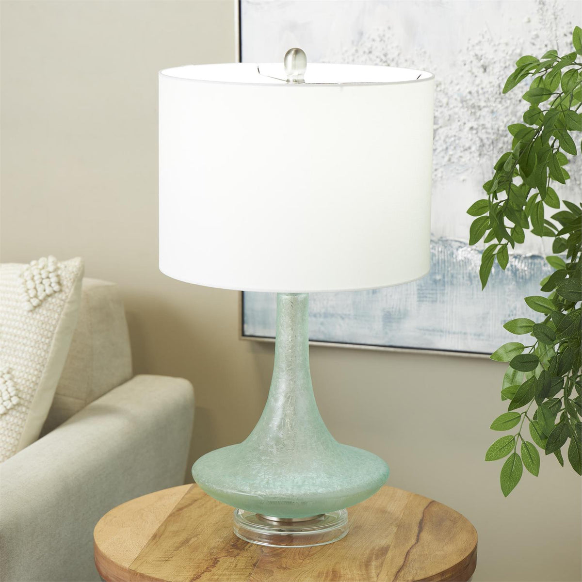 Teal Glass Table Lamp with White Drum Shade & Silver Base