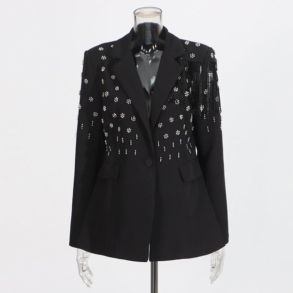 Temperament solid color small suit personality nail diamond tassel design suit jacket for women