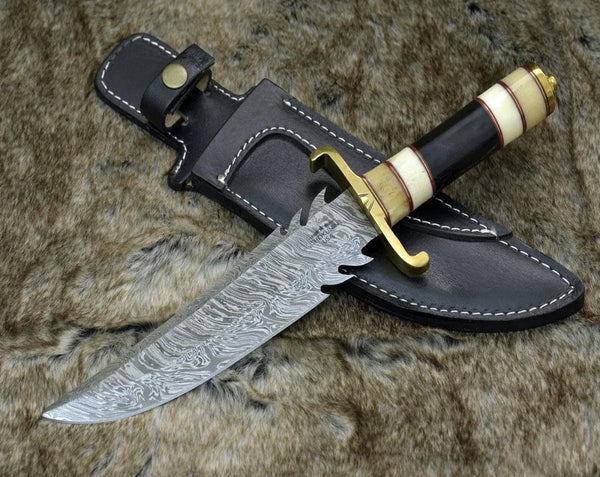 Tempest Damascus Bowie Knife with Bone & Horn Handle - Gifts for You 'n Me