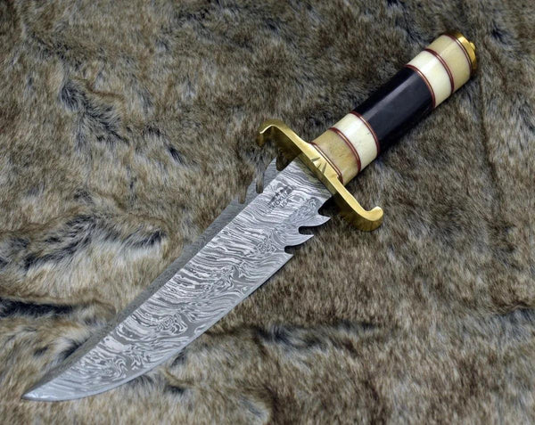 Tempest Damascus Bowie Knife with Bone & Horn Handle - Gifts for You 'n Me