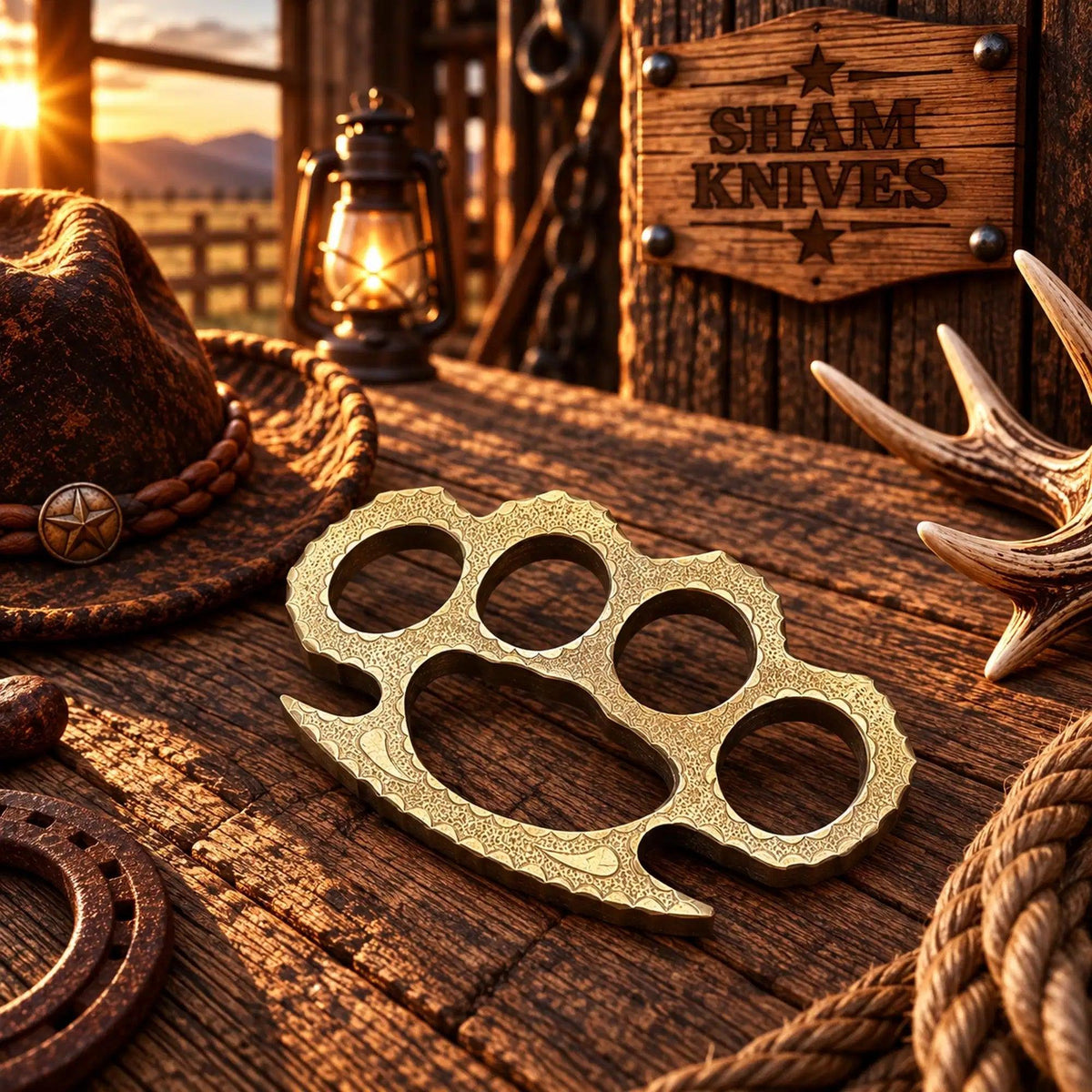 Handmade Western Engraved Brass Knuckle with Custom Leather Sheath