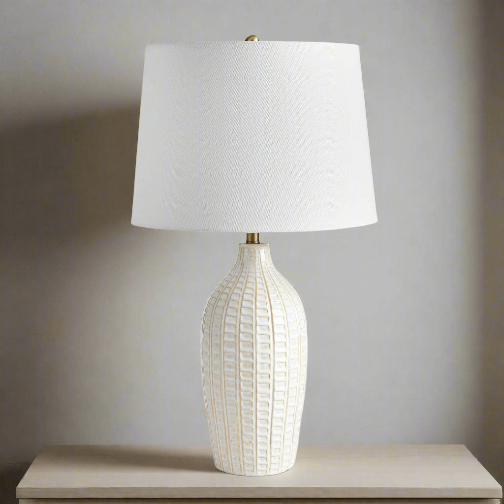 Textured Vintage Ceramic Table Lamp in White Glaze
