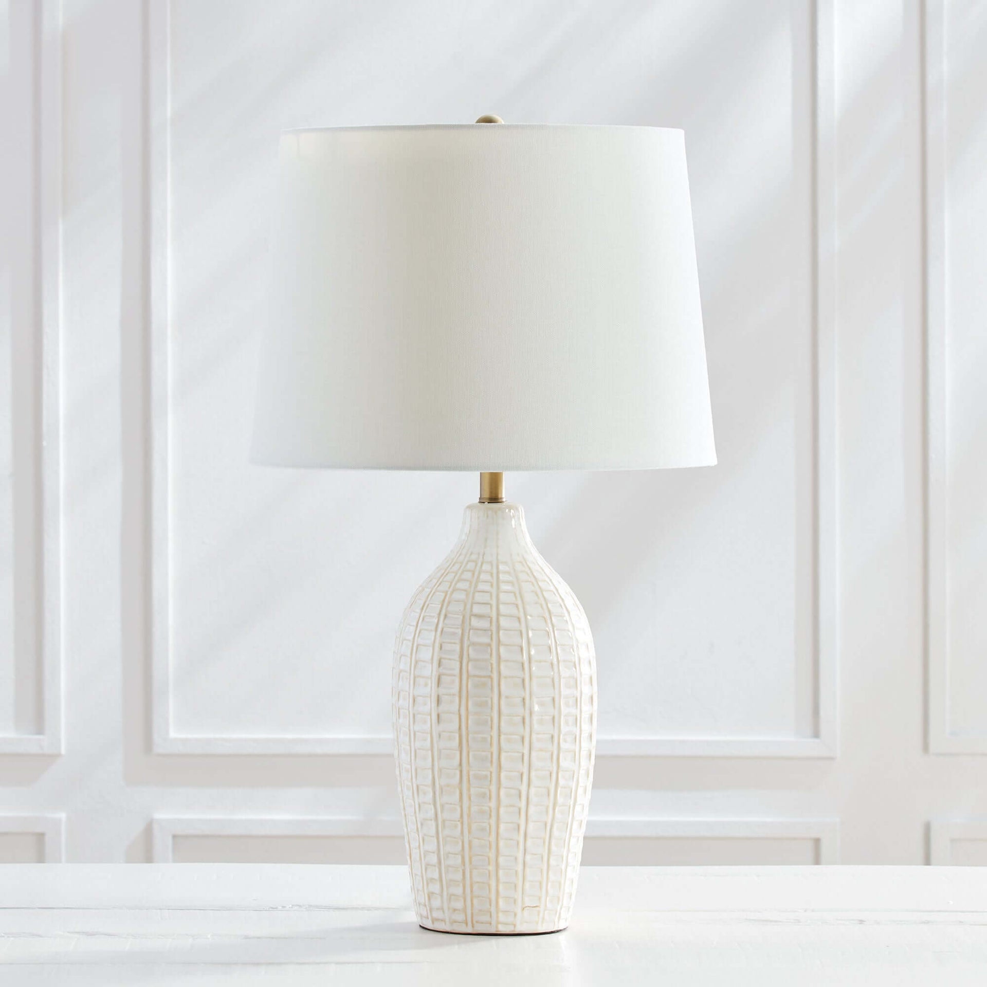 Textured Vintage Ceramic Table Lamp in White Glaze