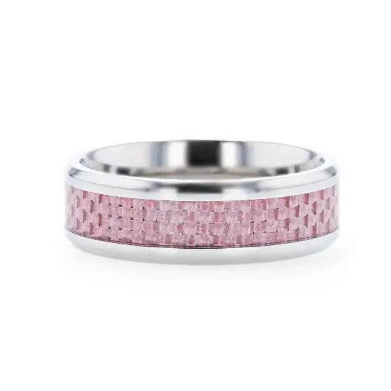 DOMINIQUE Pink Carbon Fiber Inlaid Titanium Flat Polished Finish Band With Beveled Edges - 8mm