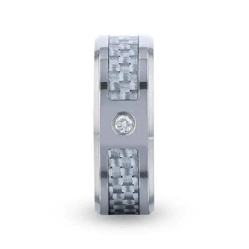 MAYBACH Light Gray Carbon Fiber Titanium Men's Wedding Band with White Diamond In The Squared Center Setting And Polished Beveled Edges - 8mm