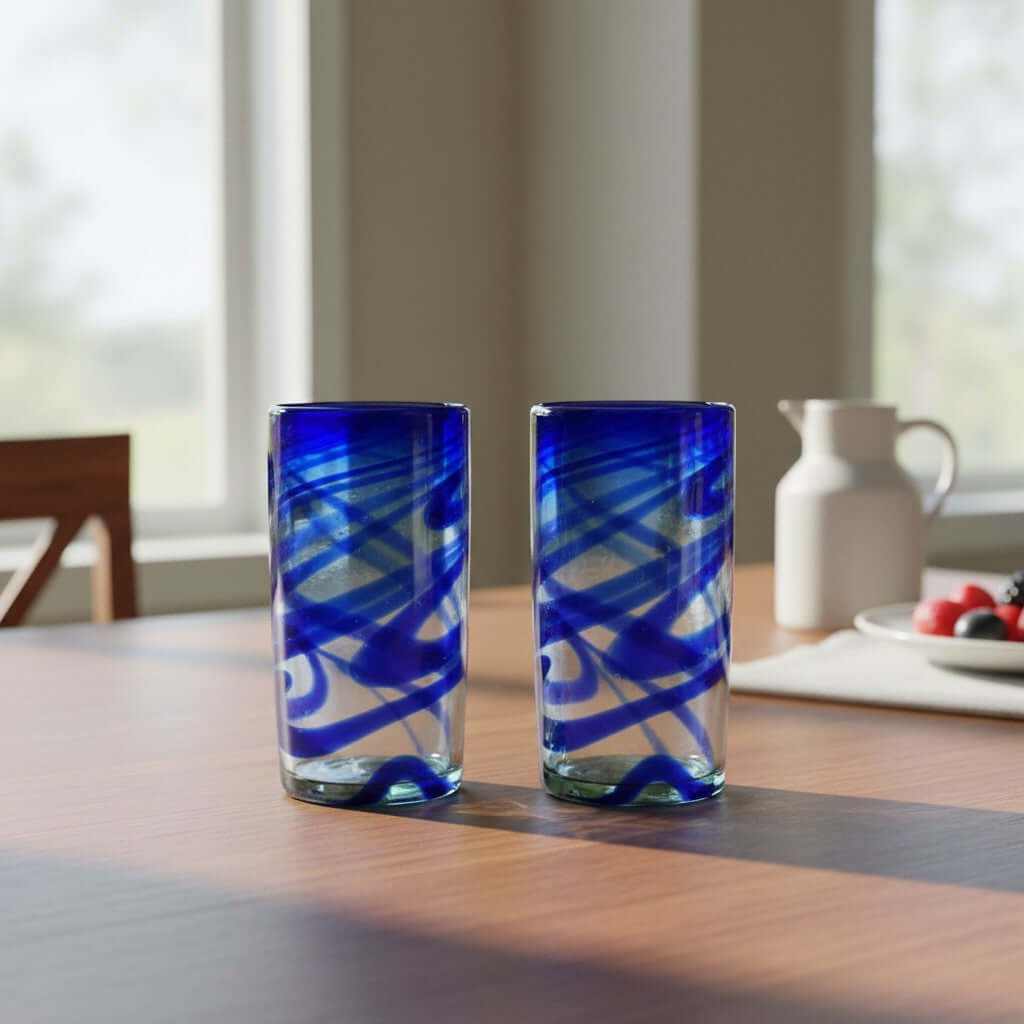 Hand-Blown Mexican Drinking Glass | Blue Swirl Design