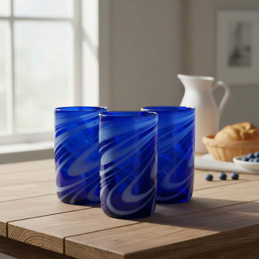 Handmade Mexican Drinking Glass | Blue with White Swirl