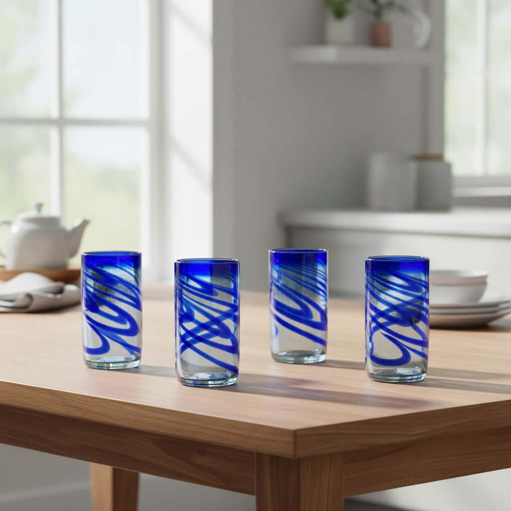 Hand-Blown Mexican Drinking Glass | Blue Swirl Design