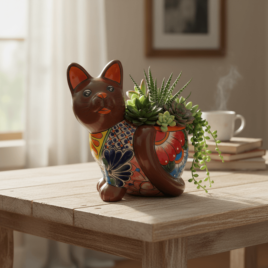 Handmade Cat Planter | Hand-Painted Cat Talavera Artwork