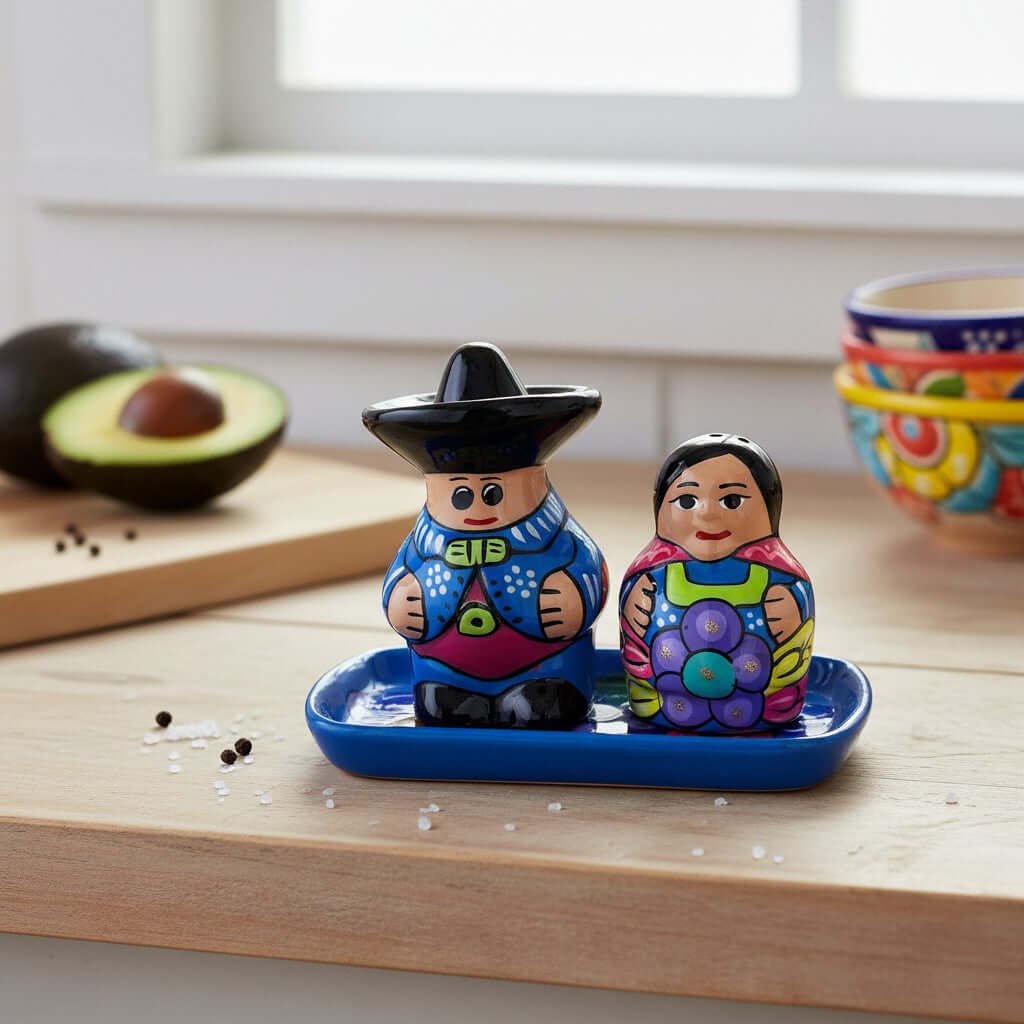 Hand-Painted Talavera Salt & Pepper Shakers | Couple on Tray