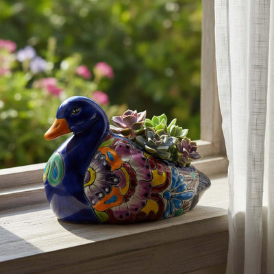 Colorful Talavera Duck Planter | Mexican Succulent Pottery Art