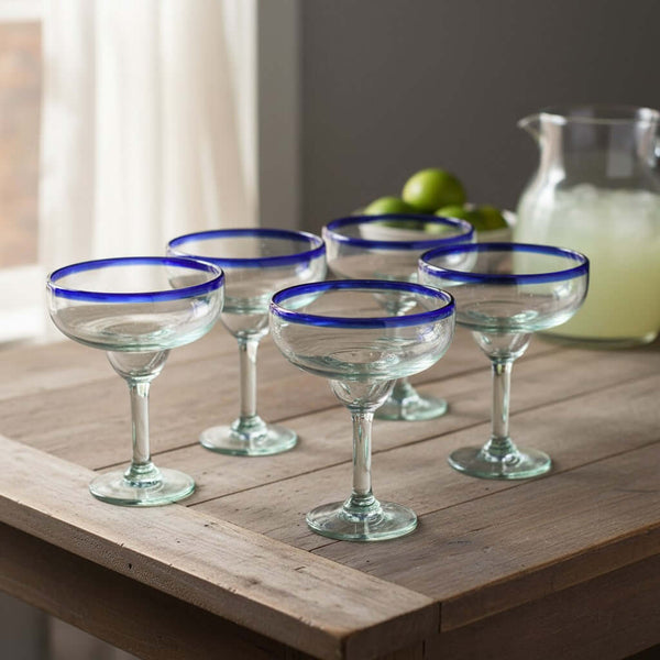 Hand-Blown Mexican Margarita Glass | Classic Cobalt Rim