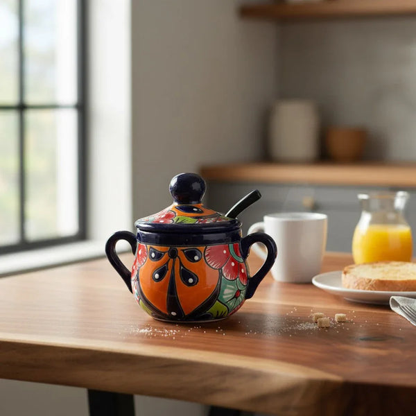 Colorful Talavera Sugar Jar with Spoon | Mexican Pottery Art