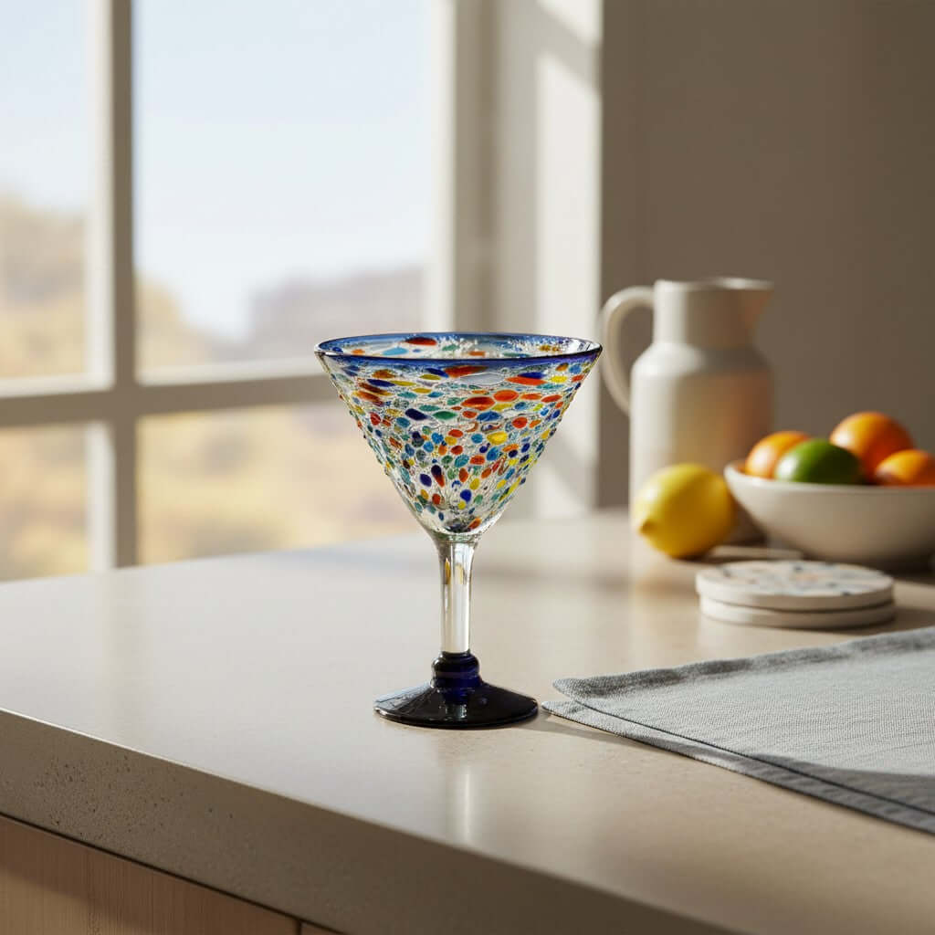 Confetti Rock Martini Glass with Blue Rim | Hand-Blown Mexican Barware