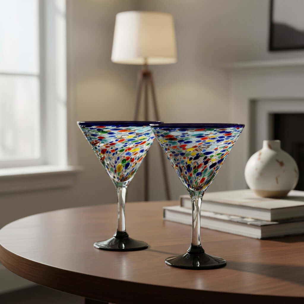 Confetti Rock Martini Glass with Blue Rim | Hand-Blown Mexican Barware