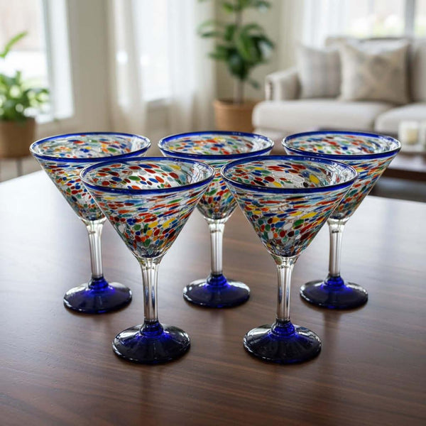 Confetti Rock Martini Glass with Blue Rim | Hand-Blown Mexican Barware