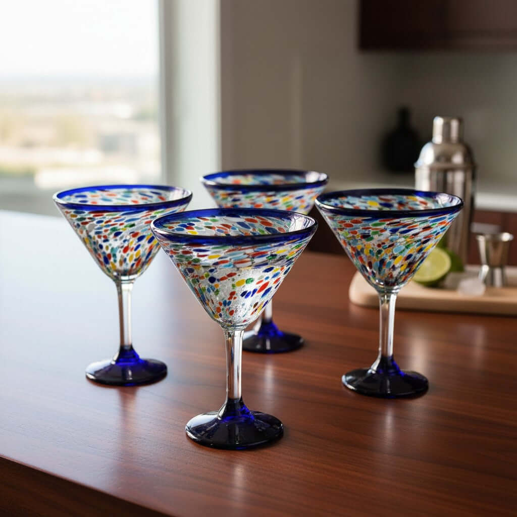 Confetti Rock Martini Glass with Blue Rim | Hand-Blown Mexican Barware