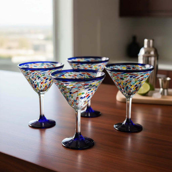 Confetti Rock Martini Glass with Blue Rim | Hand-Blown Mexican Barware