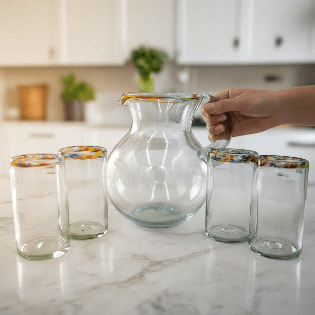 Mexican Hand-Blown Glass Pitcher | Confetti Rim