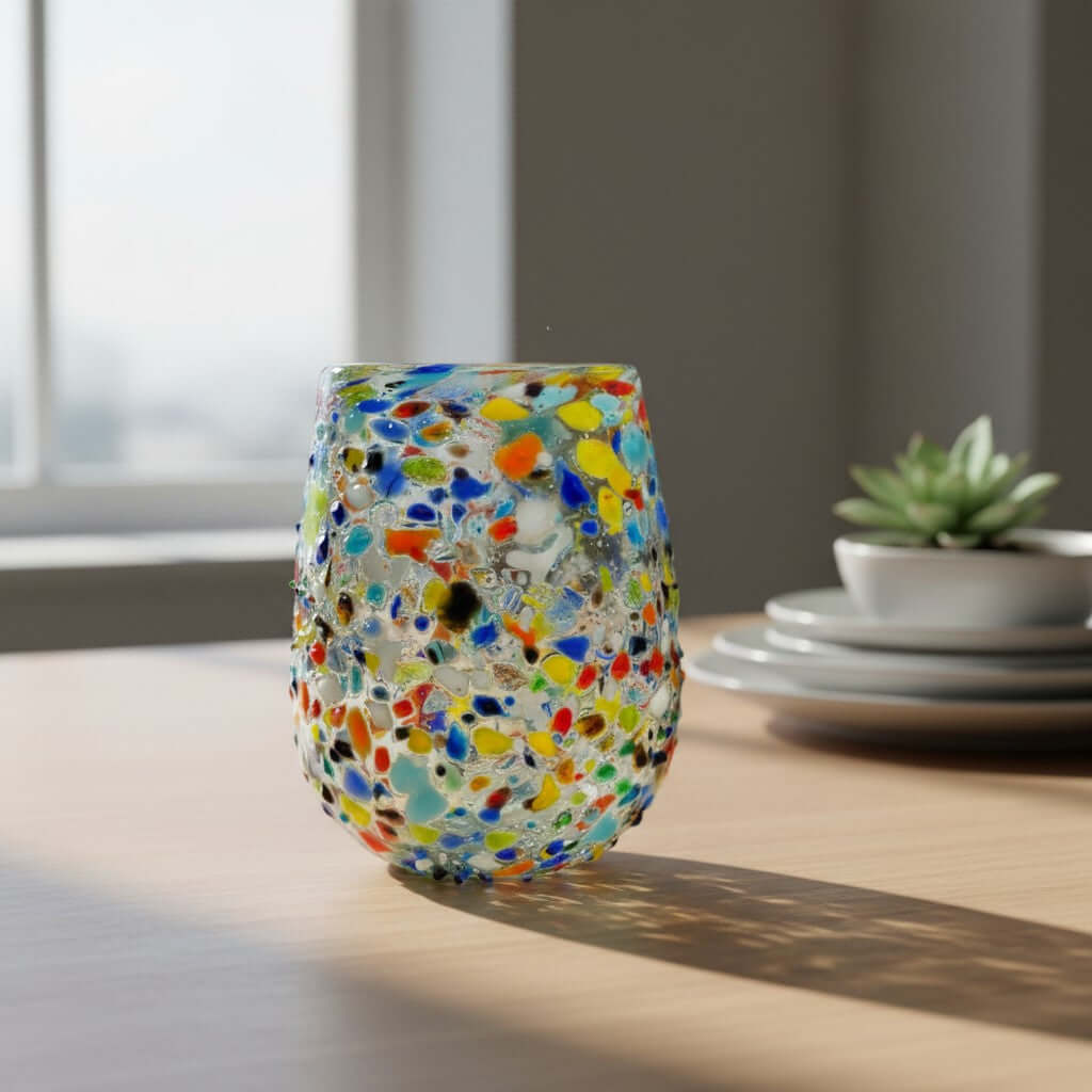 Confetti Stemless Wine Glass | Hand-Blown Mexican Pebbled Cup