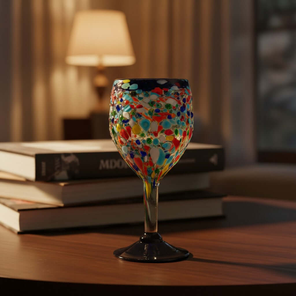 Hand-Blown Mexican Wine Glasses | Blue Rim Confetti Design
