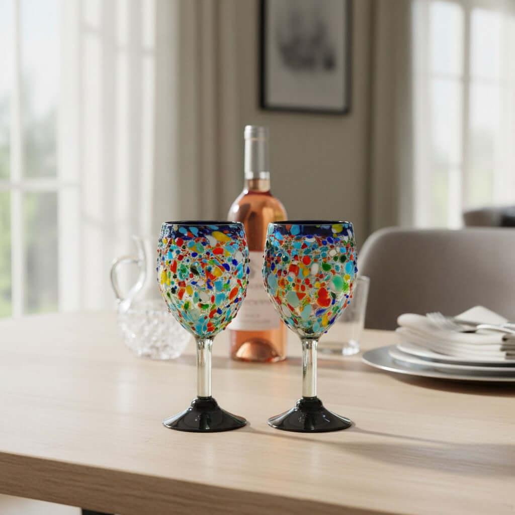 Hand-Blown Mexican Wine Glasses | Blue Rim Confetti Design