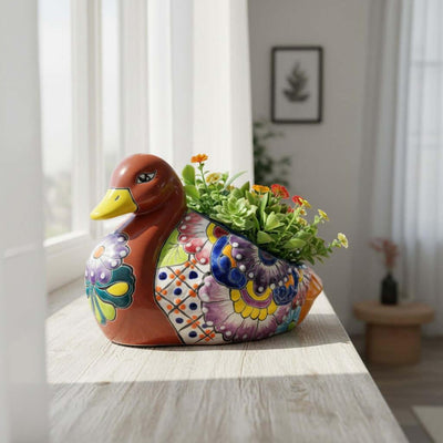 Colorful Talavera Duck Planter | Mexican Succulent Pottery Art