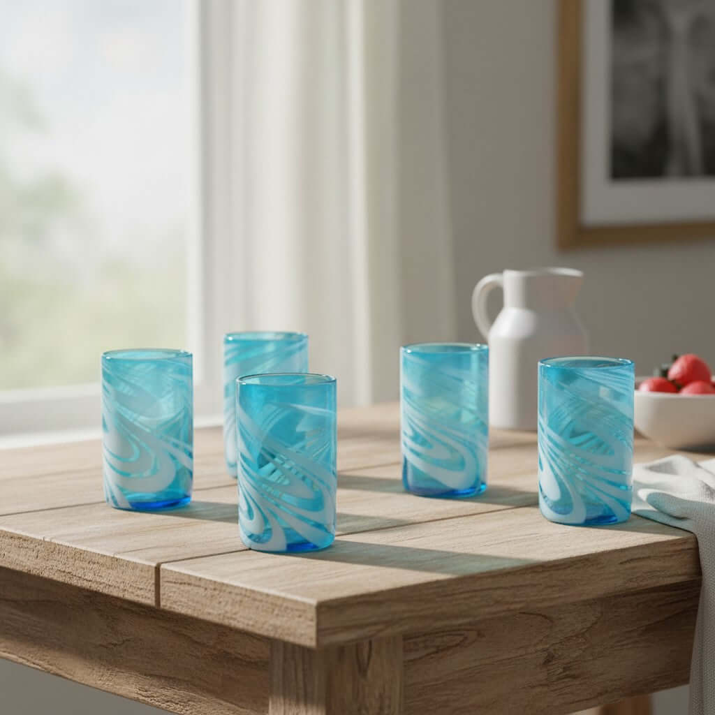 Handblown Mexican Teal Tumbler Glass | White Swirl Accent