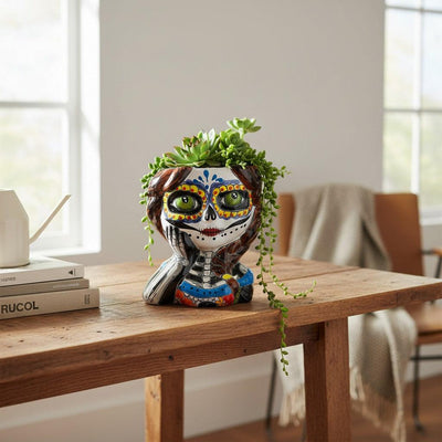 Talavera Skull Girl Planter | Hand-Painted Day of the Dead Pot