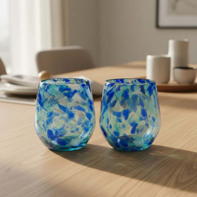 Hand-Blown Mexican Stemless Wine Glass | Blue and White Snow Pattern