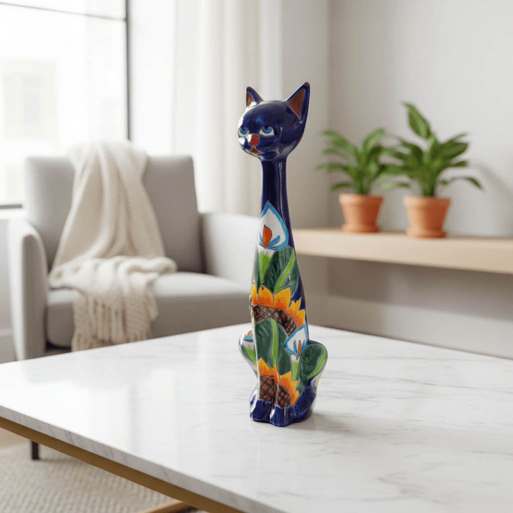 Tall Talavera Cat Statue | Handmade Mexican Sunflower Decor
