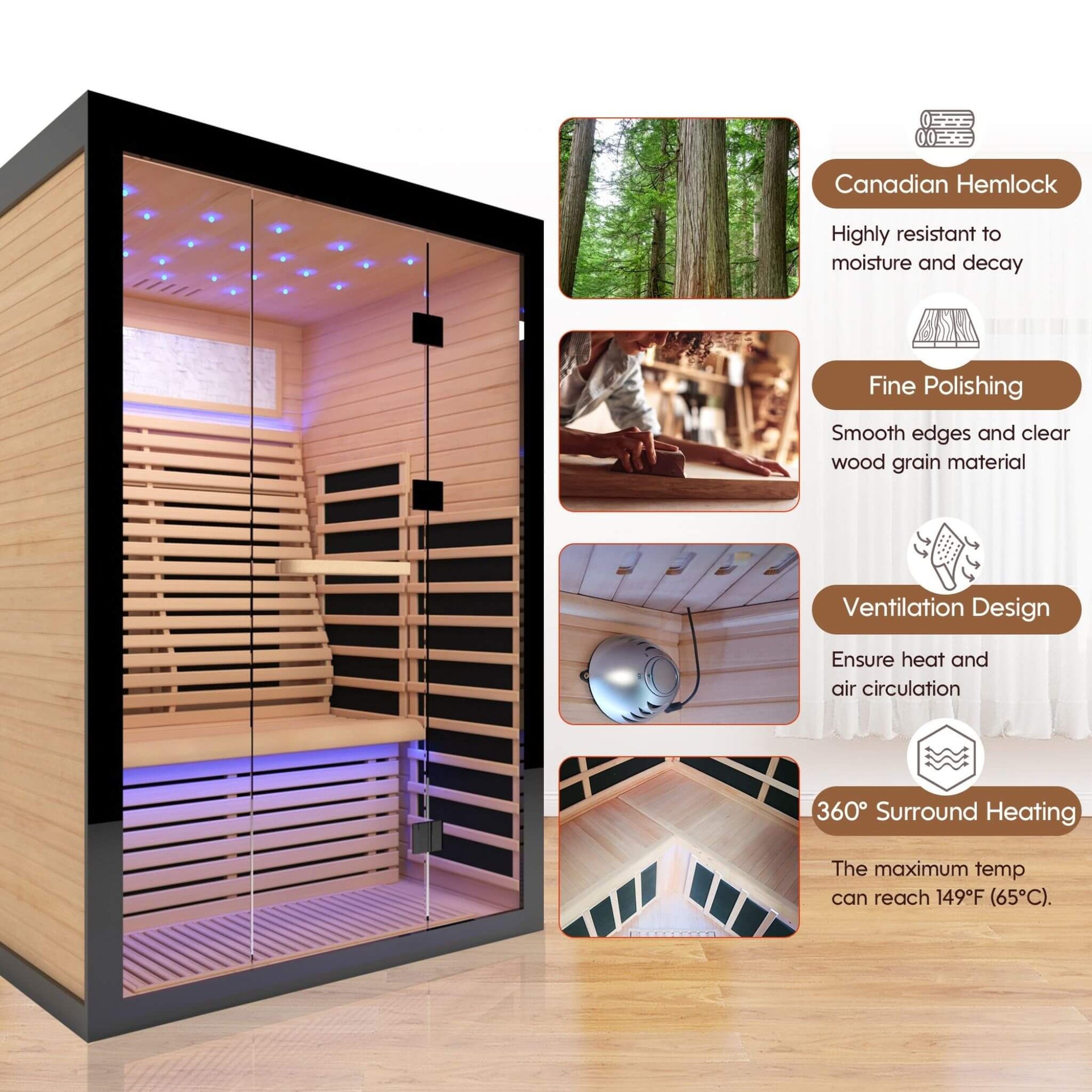 Vapor Luxury 2-Person Canadian Hemlock Wood Far Infrared Home Sauna (SAK56874)