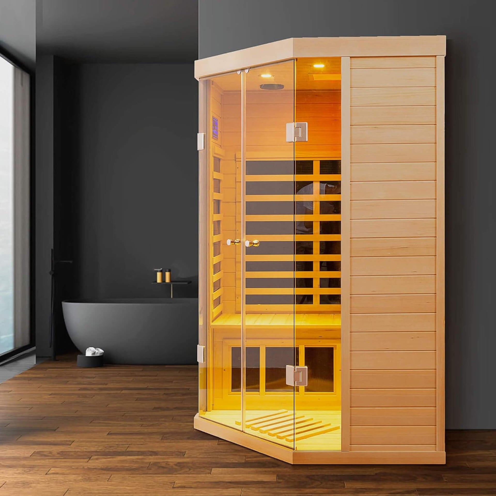 Laurent Premium 2-Person 1600W Corner Space Infrared Wooden Sauna Room With Bluetooth Speakers (SAK81524)