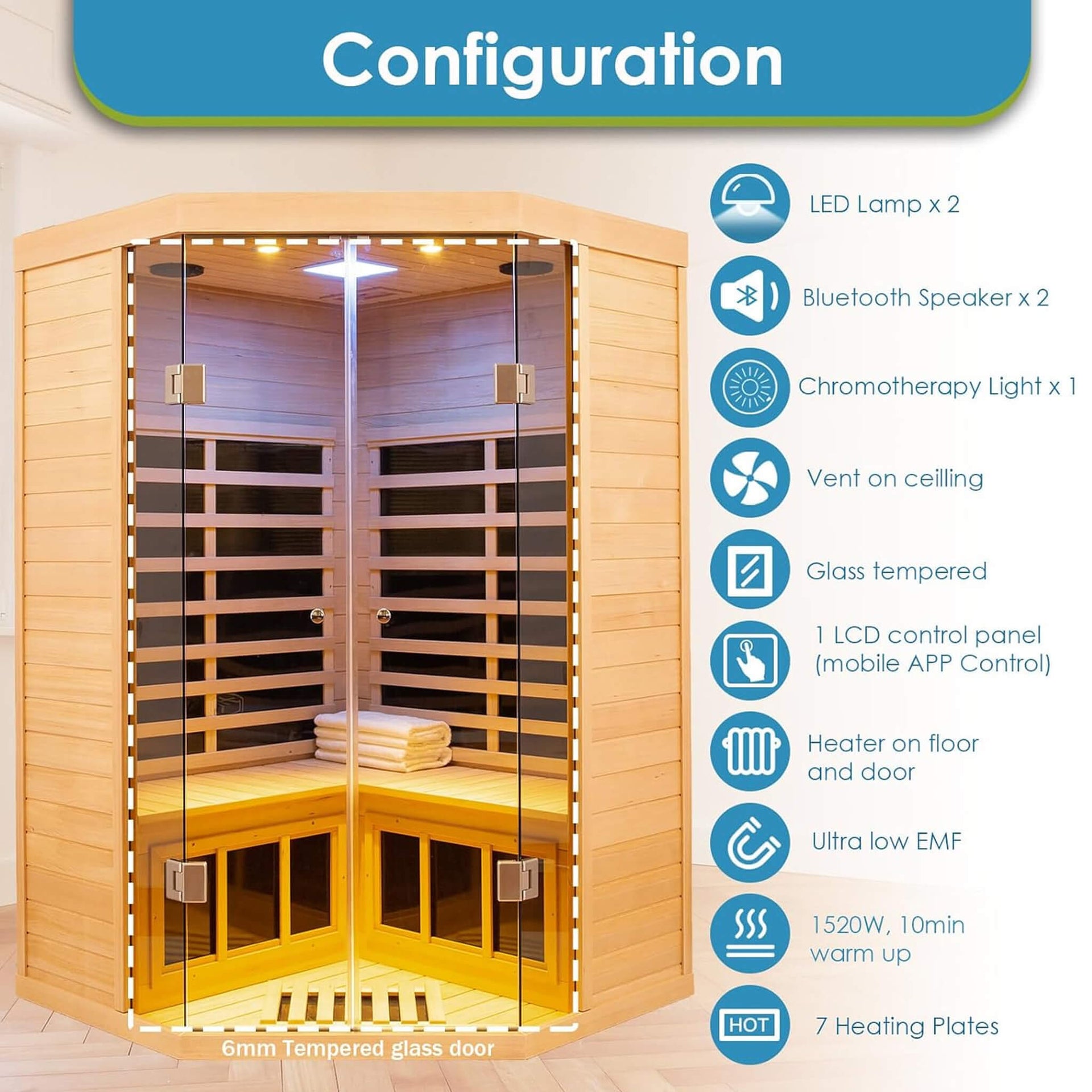 Laurent Premium 2-Person 1600W Corner Space Infrared Wooden Sauna Room With Bluetooth Speakers (SAK81524)