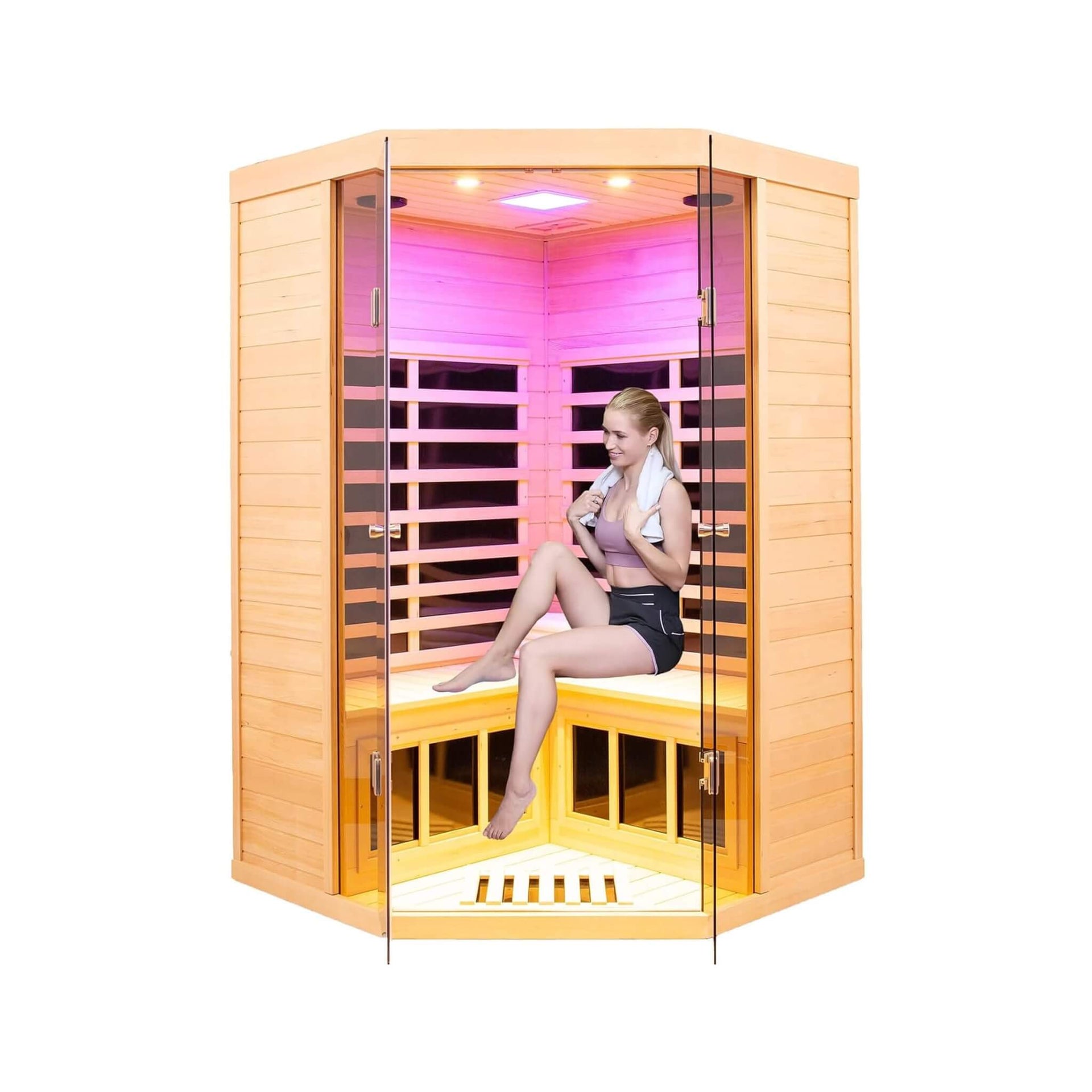 Laurent Premium 2-Person 1600W Corner Space Infrared Wooden Sauna Room With Bluetooth Speakers (SAK81524)