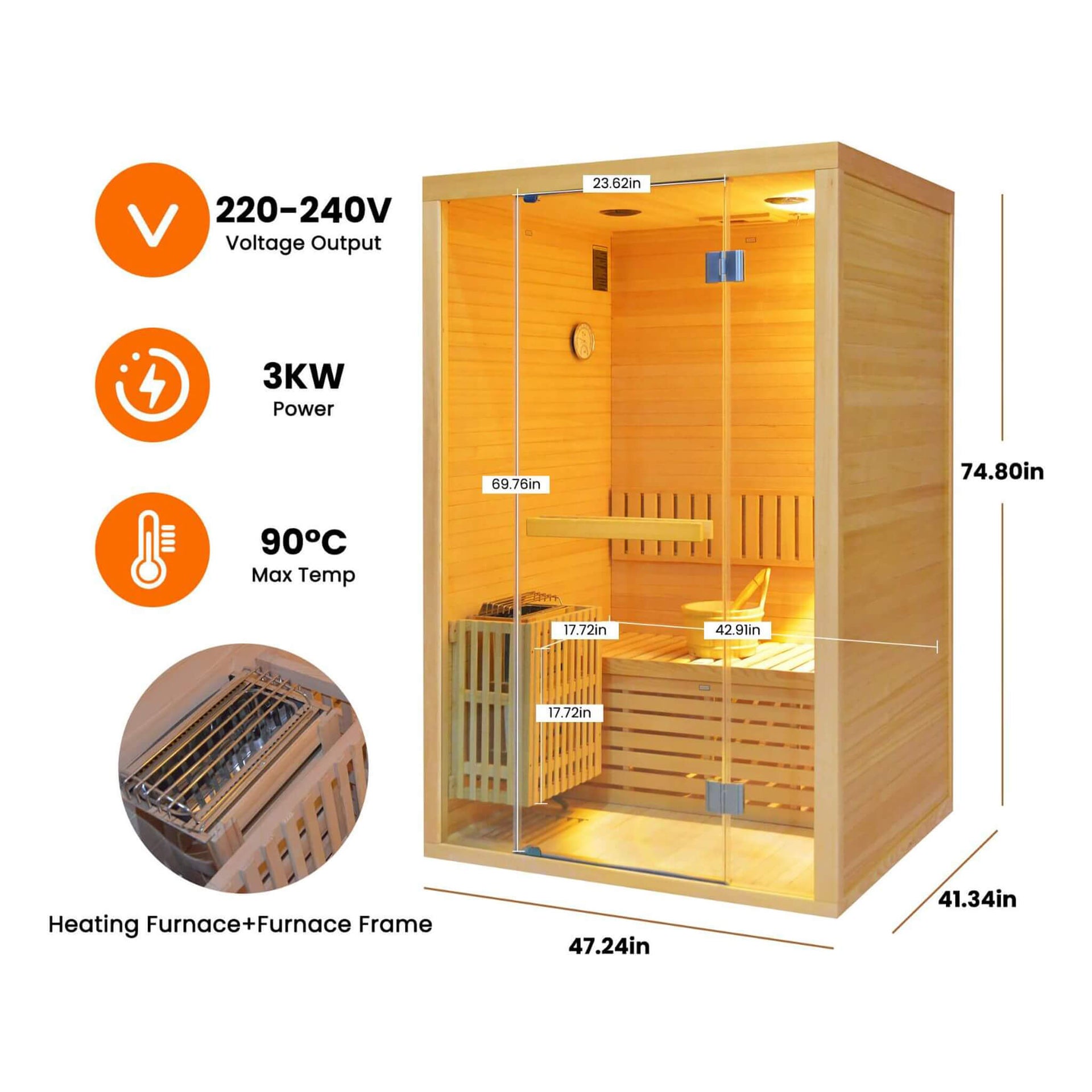 Alpine Premium 2-Person 3KW Hemlock Wood Sauna With LED Wall Light (SAK28471)