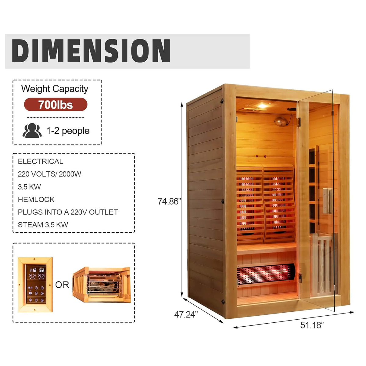 Luma 2-Person Indoor Hybrid Sauna Room With Infrared And 3.5KW Steam Heater [Made-To-Order] (SAK83750)