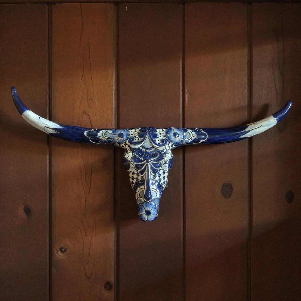 Talavera Longhorn Skull | Blue & White Mexican Wall Art