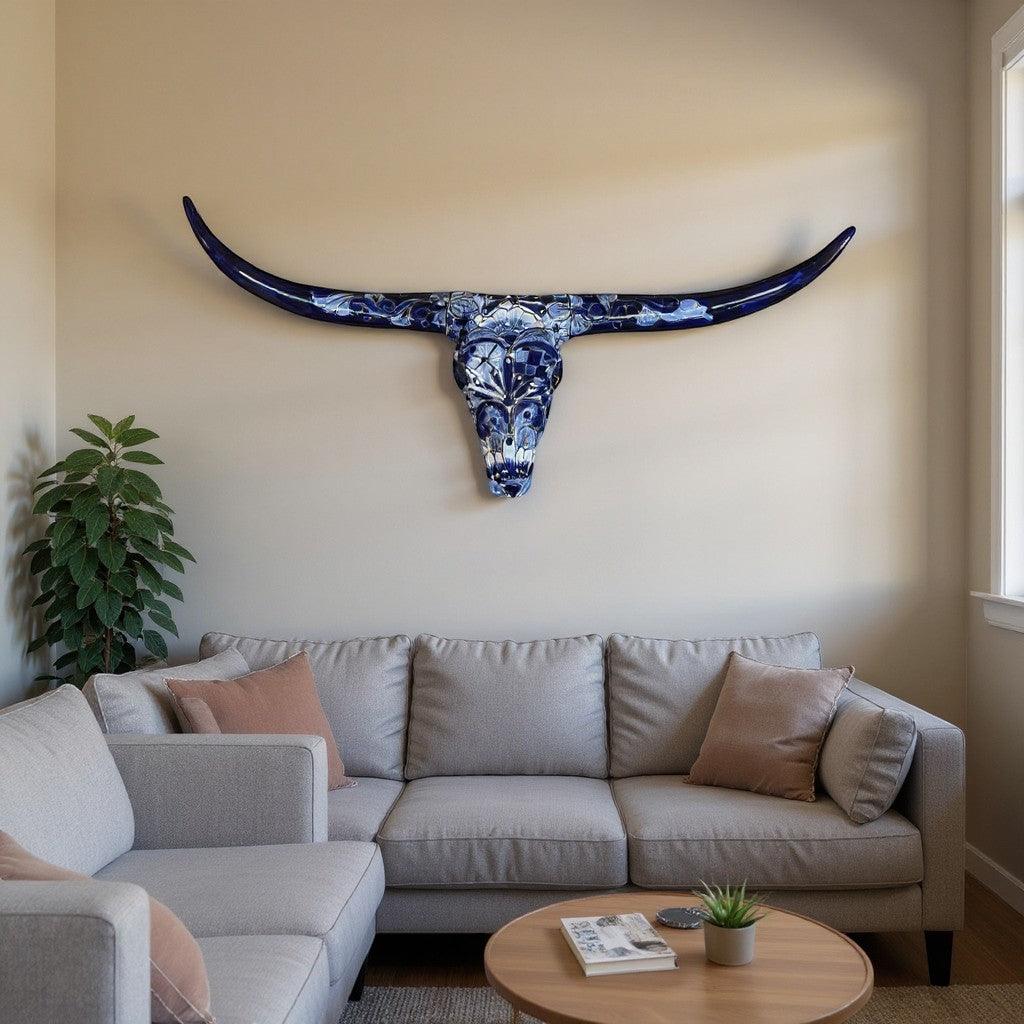 Talavera Longhorn Skull | Blue & White Mexican Wall Art