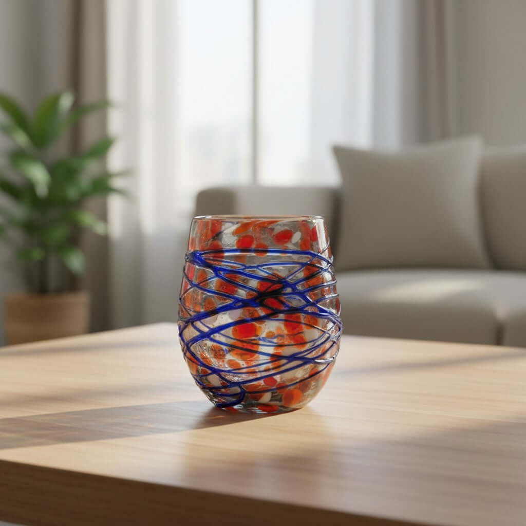 Mexican Stemless Wine Glass | Hand-Blown Orange & Blue Swirl