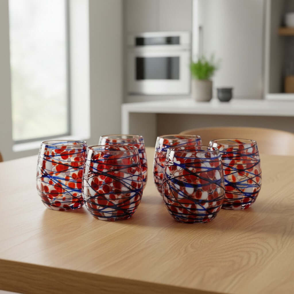 Mexican Stemless Wine Glass | Hand-Blown Orange & Blue Swirl