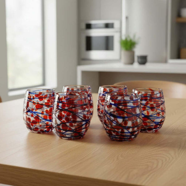 Mexican Stemless Wine Glass | Hand-Blown Orange & Blue Swirl