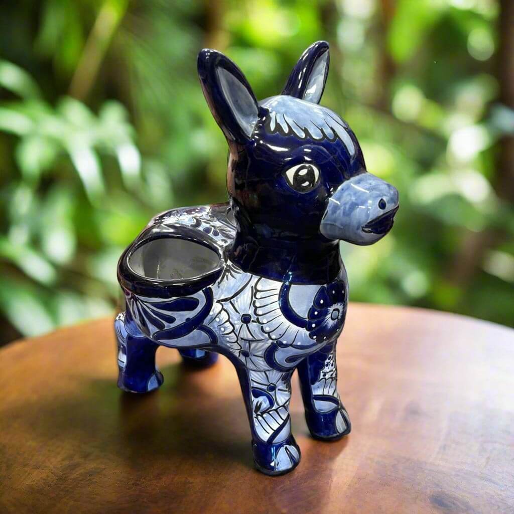 Large Talavera Donkey Planter | Blue and White Ceramic Burro Pot