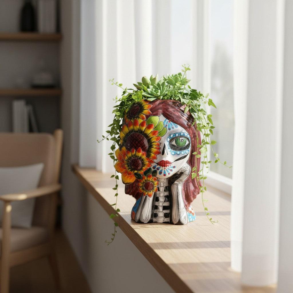 Talavera Sunflower Skull Planter | Handcrafted Day of the Dead Pot