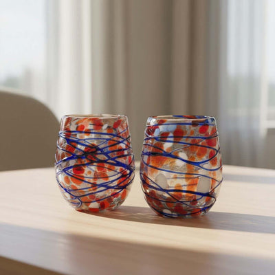 Mexican Stemless Wine Glass | Hand-Blown Orange & Blue Swirl