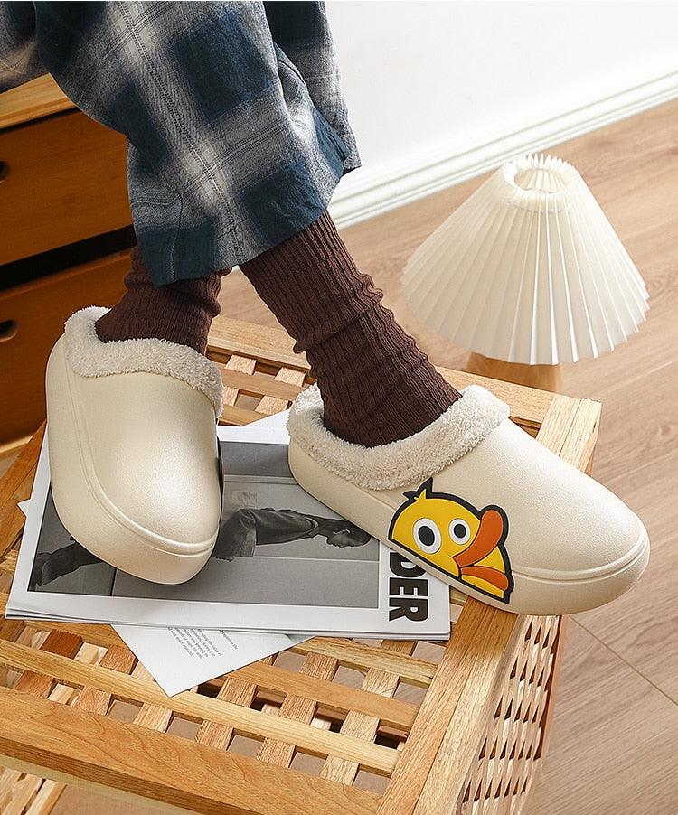 Thick Platform Winter Women Waterproof Non-Slip Home Rubber Slippers Warm Indoor Fur Cotton Women's Cozy Memory Foam Closed Back Slippers Wool-Like Blend Cotton House Shoes