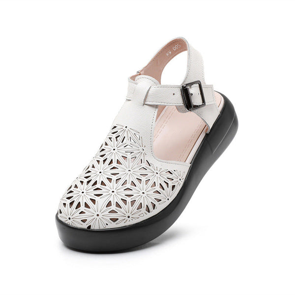 Thick soled toe sandals women's genuine leather sponge cake wedge heel hollowed out hole shoes flat bottomed women's shoes