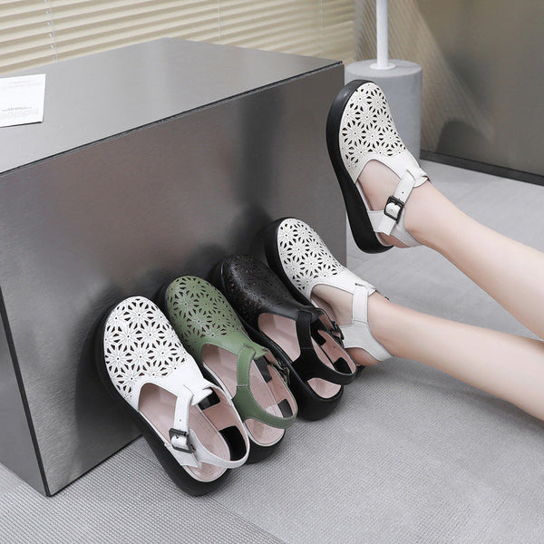 Thick soled toe sandals women's genuine leather sponge cake wedge heel hollowed out hole shoes flat bottomed women's shoes