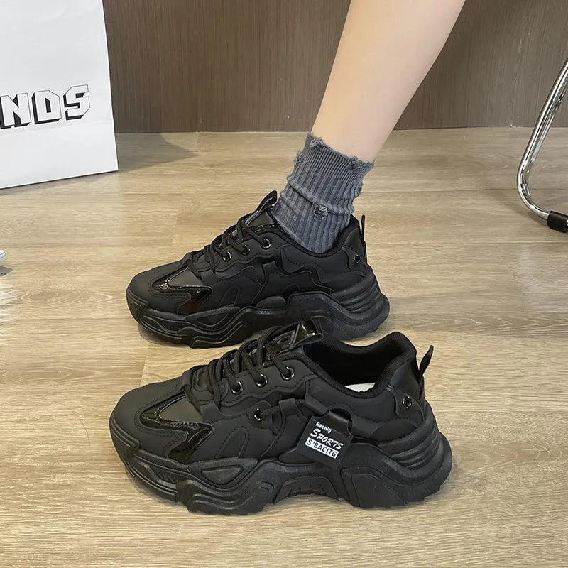 Thick soled women's white single shoes Korean version color blocked lace up height for casual running
